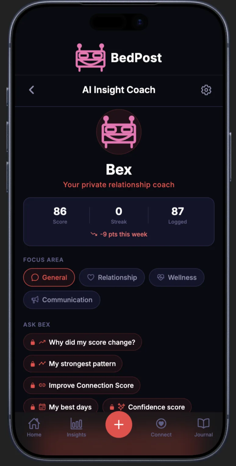 BedPost Bex AI coach chat screen